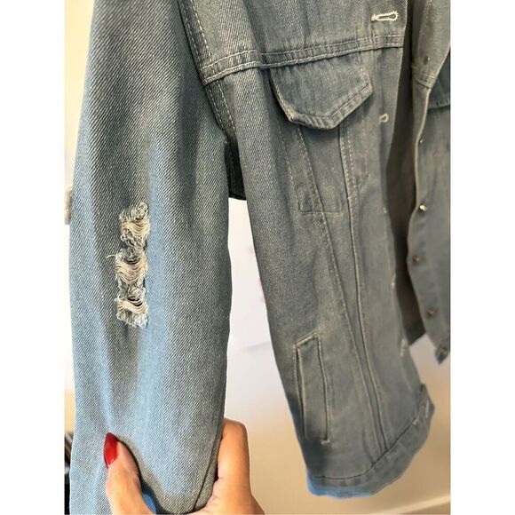Denim distressed jacket oversized‎ fit Womens M Blue Festival Boho - Picture 4 of 4